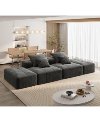 Modern Chenille Sectional Sofa w/ 2 Ottomans & Pillows - BLACK