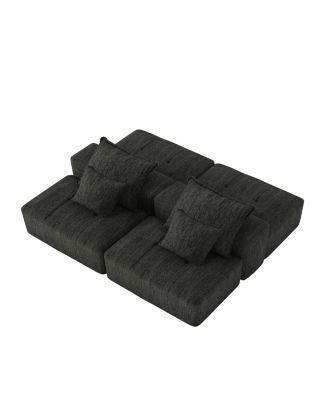 Modern Chenille Sectional Sofa w/ 2 Ottomans & Pillows - BLACK