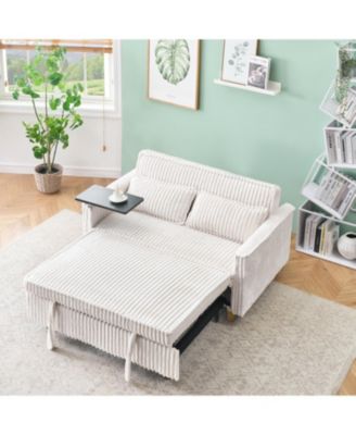  Beige Corduroy Pull-Out Sofa w/ Movable Tabletop & USB