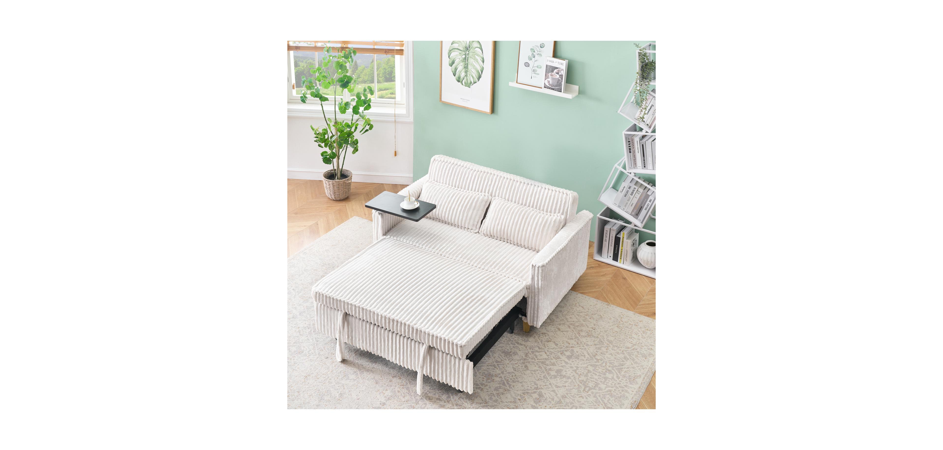 Streamdale Furniture Beige Corduroy Pull-Out Sofa w/ Movable Tabletop & Usb