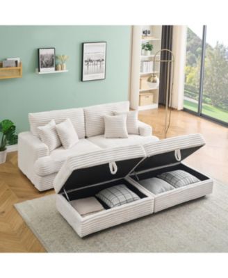 White Corduroy Sofa w/ Storage Legs & Pillows