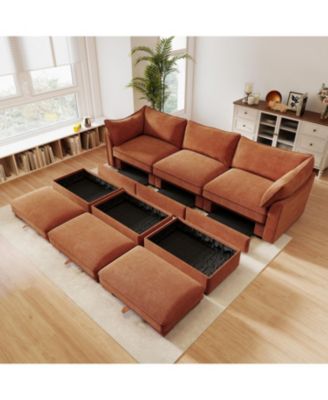 3-Seat Sofa w/ Ottomans & Storage - Chenille Orange