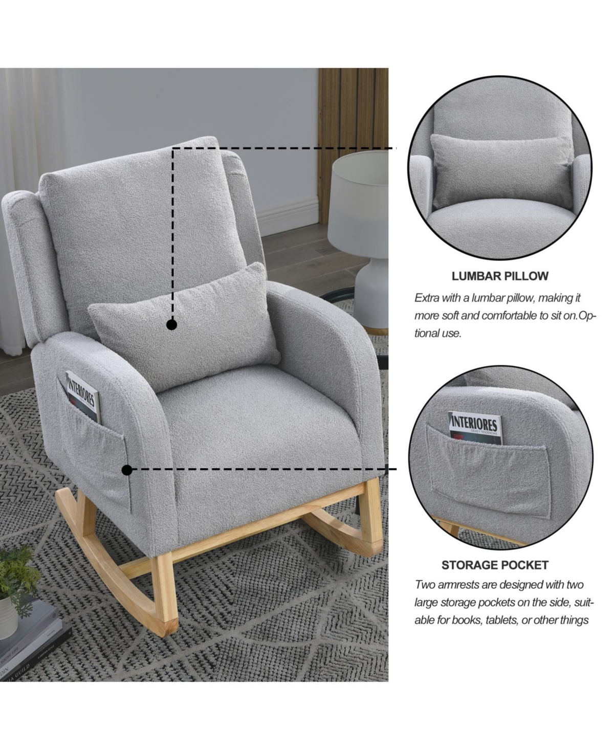 Streamdale Furniture 27.5" Modern Accent Rocker Armchair with Lumbar Pillow & Pockets