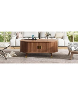  42.5" Oval Fluted Coffee Table with Charging Station, Sliding Door