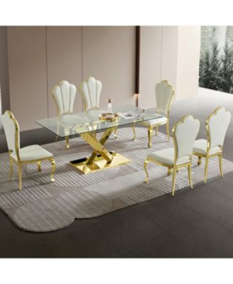 Streamdale Gold stainless steel dining table 70.08 inch clear tempered glass top