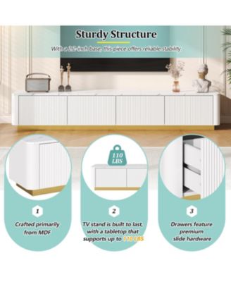 Luxury Fluted TV Stand - Faux Marble Top, 4 Drawers, Gold Base, White