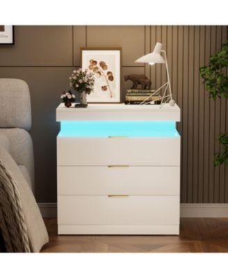 Nightstand with Charging, LED, Sliding Top, Drawers - White