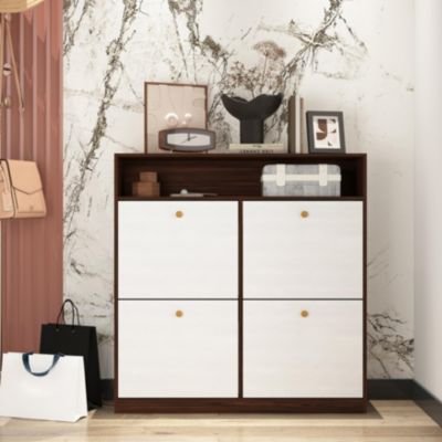 Shoe Storage Cabinet with 4 Flip Drawers , Shoe Rack Organizer Cabinet with wooden handle for Entryway, Hallway