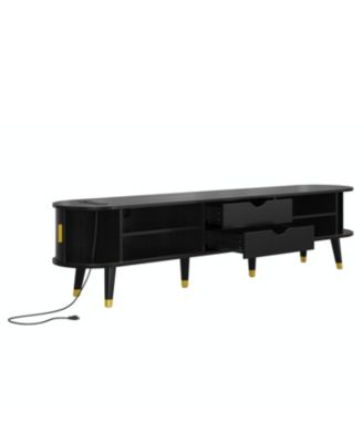 Wooden Oval TV Stand with Charging Station, Mid-Century Media Console, Black