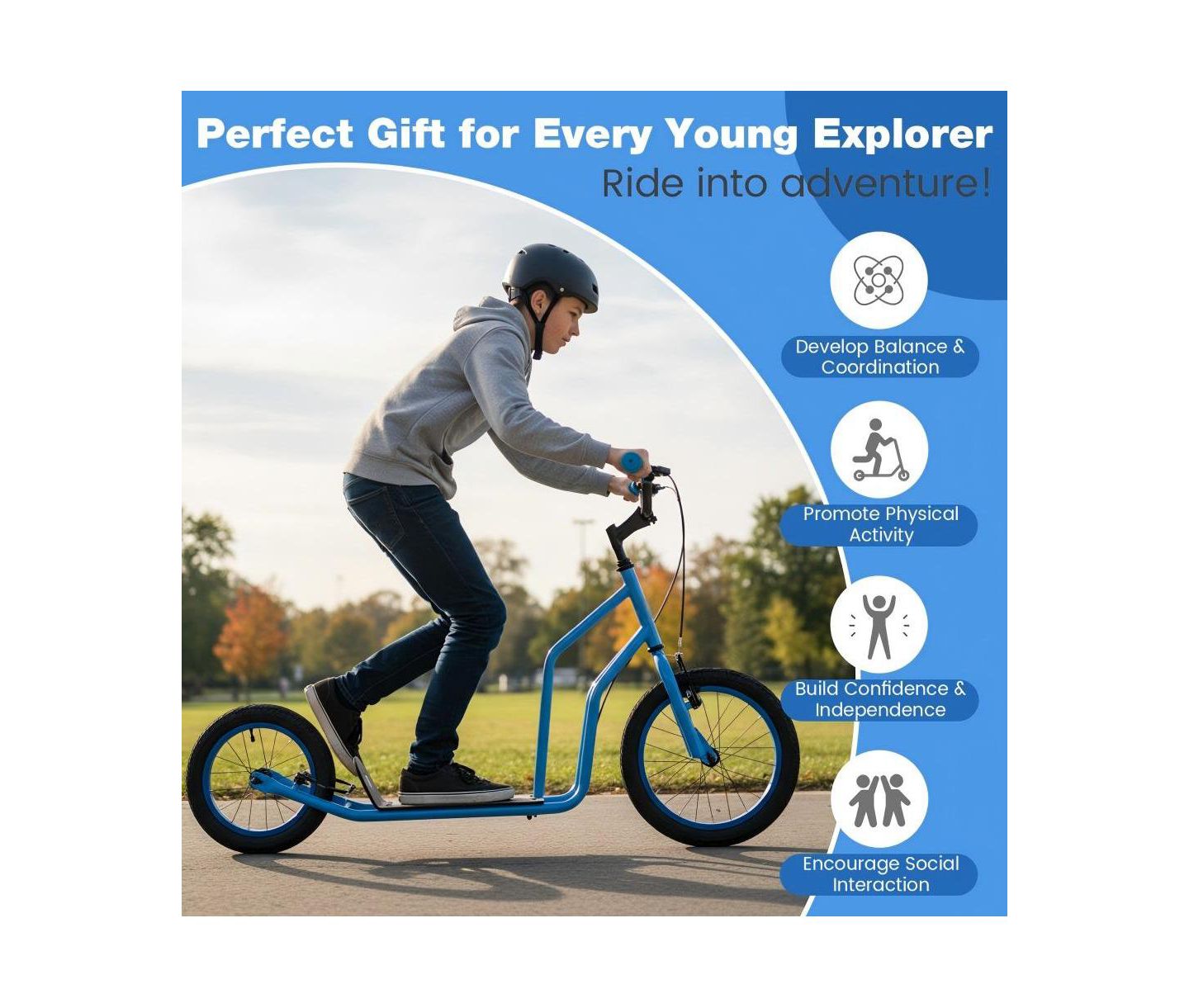 Детская игрушка HONGGE Youth Kick Scooter with Adjustable Handlebar and Inflatable Tires, 110 lbs Capacity, Ages 8+, цвет: Синий — фото 9