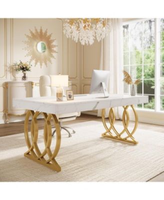 63-Inch Executive Desk, Modern Office Computer Desk with Faux Marble Tabletop