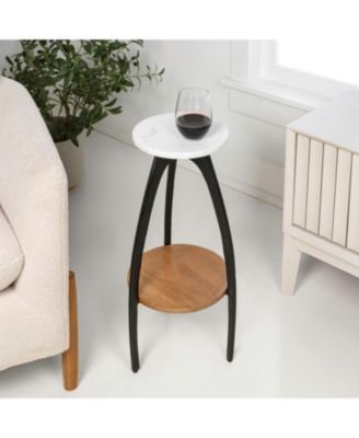 Ollie 24.5" Designer Farmhouse Metal Tripod Drink Table and Decorative End Table with White Marble Round Top and Wood Undershelf