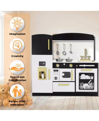 Wooden Pretend Play Kids Kitchen, Toy Kitchen Playset w/Oven, Microwave for Boys Girls Age 3