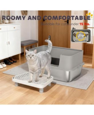 Sleek Gray Stainless Steel Litter Box with High Sides & Scoop – Elevate Your Home with Refined Odor Control