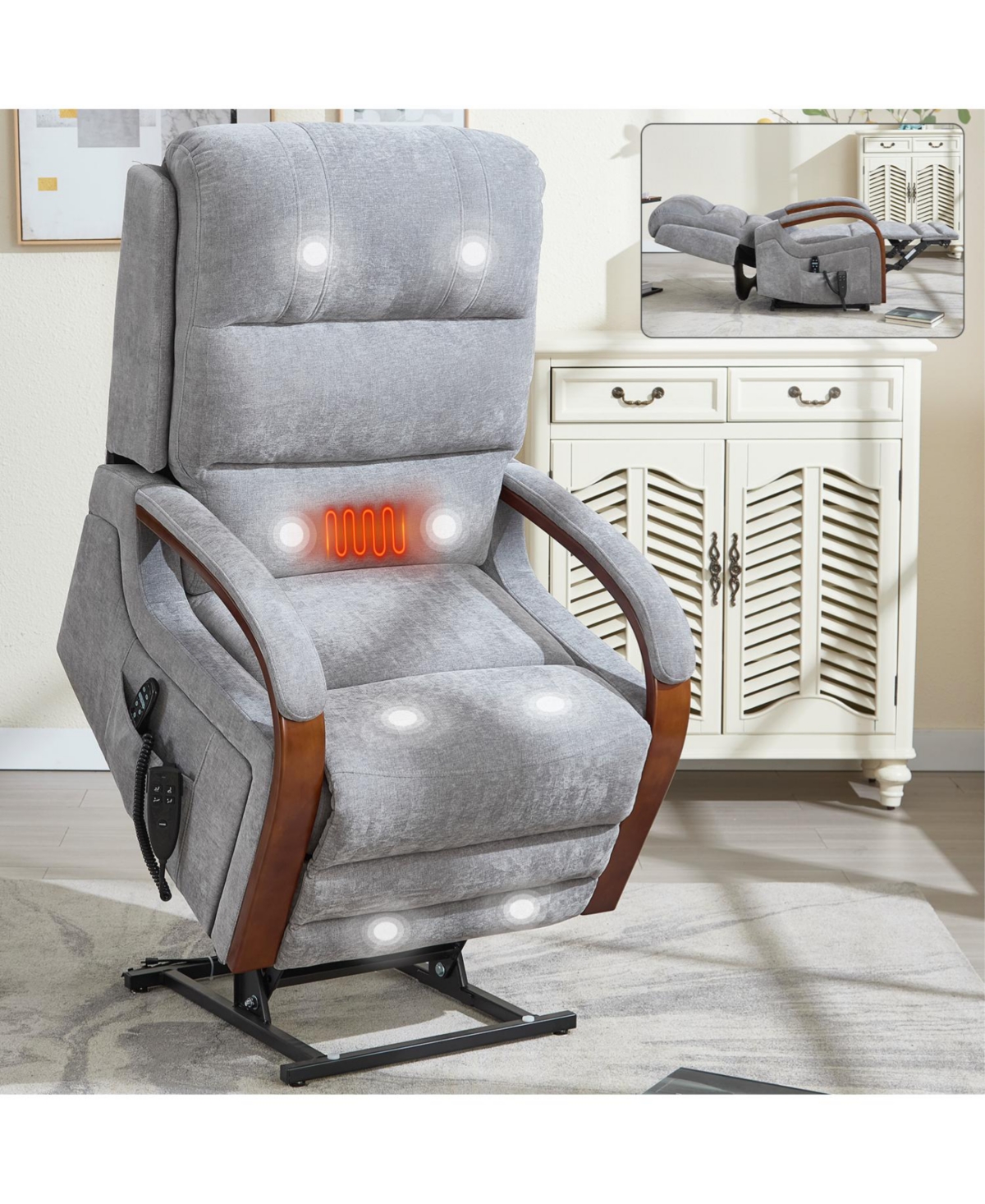 Streamdale Furniture Power Grey Chenille Lift Recliner w/ Heat & Massage