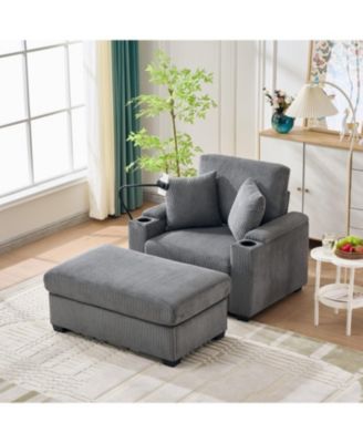 Oversized Corduroy Chaise Lounge Chair with Ottoman, Storage & USB - Grey