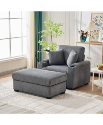 Oversized Corduroy Chaise Lounge Chair with Ottoman, Storage & USB - Grey