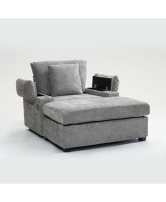 Oversized Chenille Chair with Ottoman USB & Cupholders
