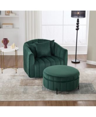 Swivel Velvet Barrel Chair & Ottoman with Pillows - GREEN