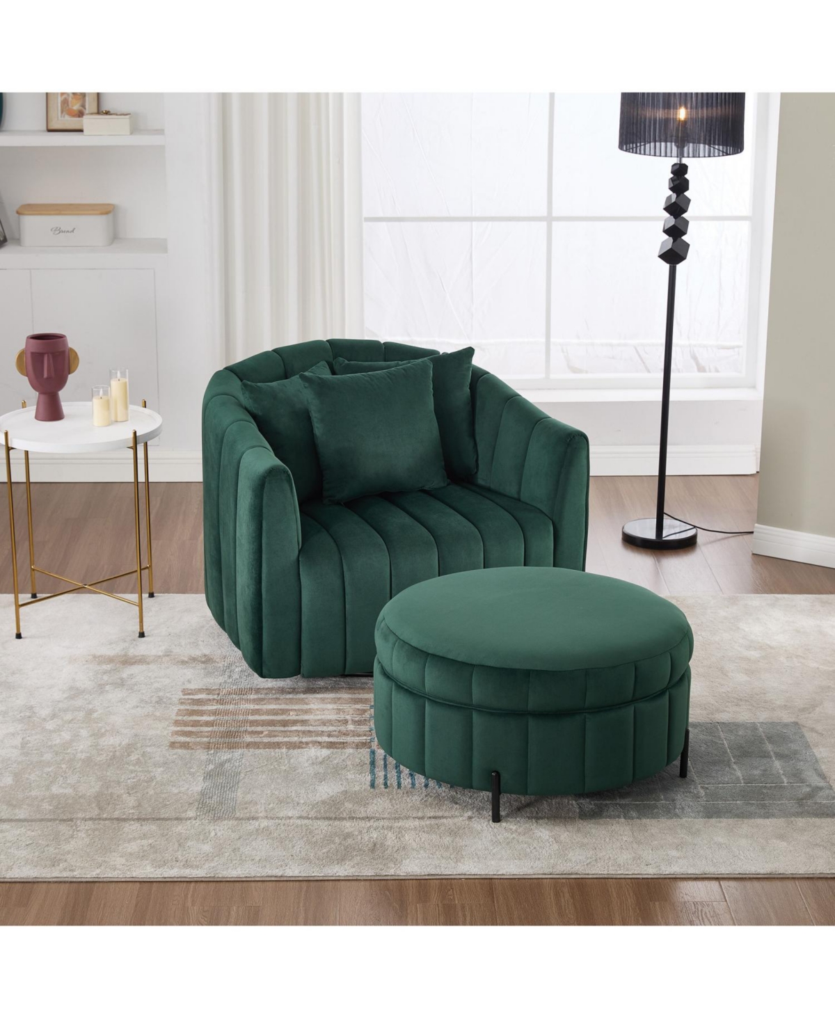 Streamdale Furniture Swivel Velvet Barrel Chair & Ottoman with Pillows - Green