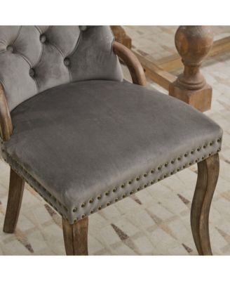  Velvet Tufted Dining Chairs, Wood Handles & Legs, Copper Nails, Set of 2, Gray