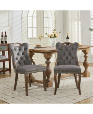  Velvet Tufted Dining Chairs, Wood Handles & Legs, Copper Nails, Set of 2, Gray