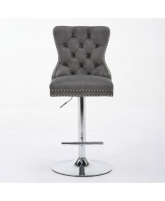 Chrome Swivel Velvet Barstools, Adjustable Height, Tufted, Gray (Set of 2)
