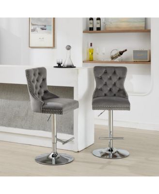 Chrome Swivel Velvet Barstools, Adjustable Height, Tufted, Gray (Set of 2)