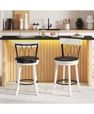 26'' Set of 2 Bar Stools w/ Footrest Rubber Wood Frame & Tufted Rivets