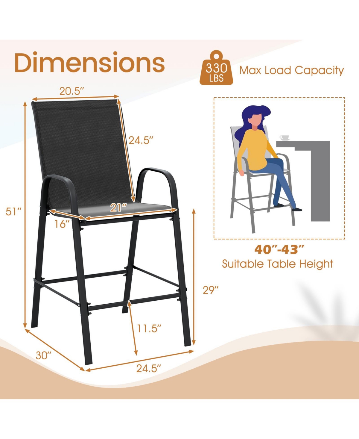 Gymax 4PCS Outdoor Bar Stools 29'' Fabric Height w/ Armrests & Footrest