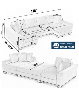 114" U-Shaped Corduroy Upholstery Pull-Out Sleeper Bed, Oversized Convertible Sectional, Chaise Lounges, Pillows & Cushions Sofa Bed