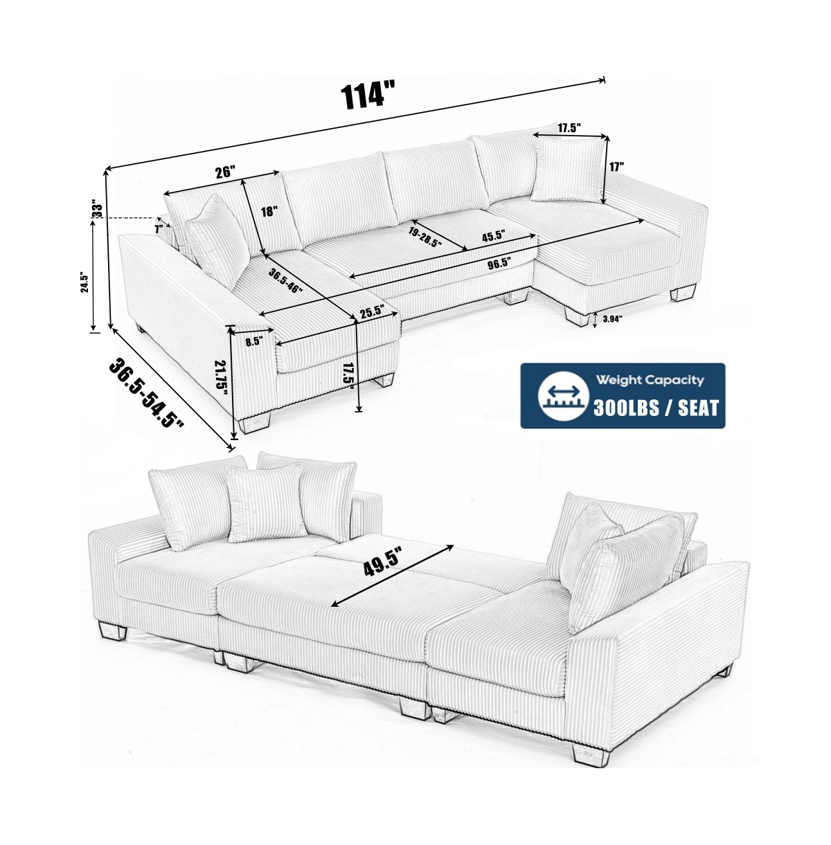 Maison Boucle 114" U-Shaped Corduroy Upholstery Pull-Out Sleeper Bed, Oversized Convertible Sectional, Chaise Lounges, Pillows & Cushions Sofa Be