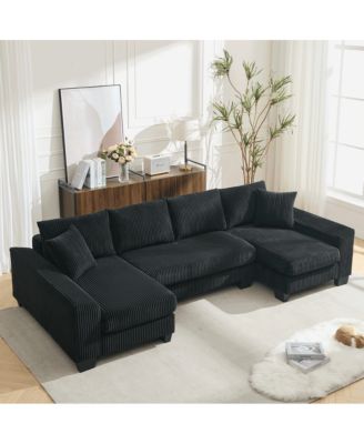 114" U-Shaped Corduroy Upholstery Pull-Out Sleeper Bed, Oversized Convertible Sectional, Chaise Lounges, Pillows & Cushions Sofa Bed