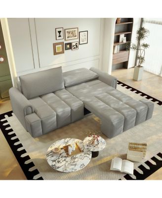 Modern 4-Seat Teddy Fabric Sleeper Sofa with Storage, 90" Pull-Out Couch Bed, King Size Convertible for Living Room