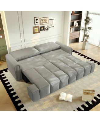 Modern 4-Seat Teddy Fabric Sleeper Sofa with Storage, 90" Pull-Out Couch Bed, King Size Convertible for Living Room
