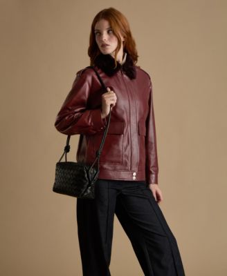 Women's Leather Jacket with Detachable Shearling Collar