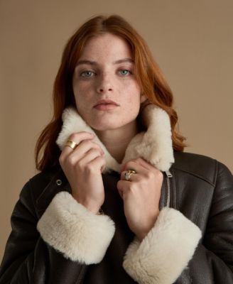 Women's Cropped Aviator Style Shearling Jacket with Contrast Trim