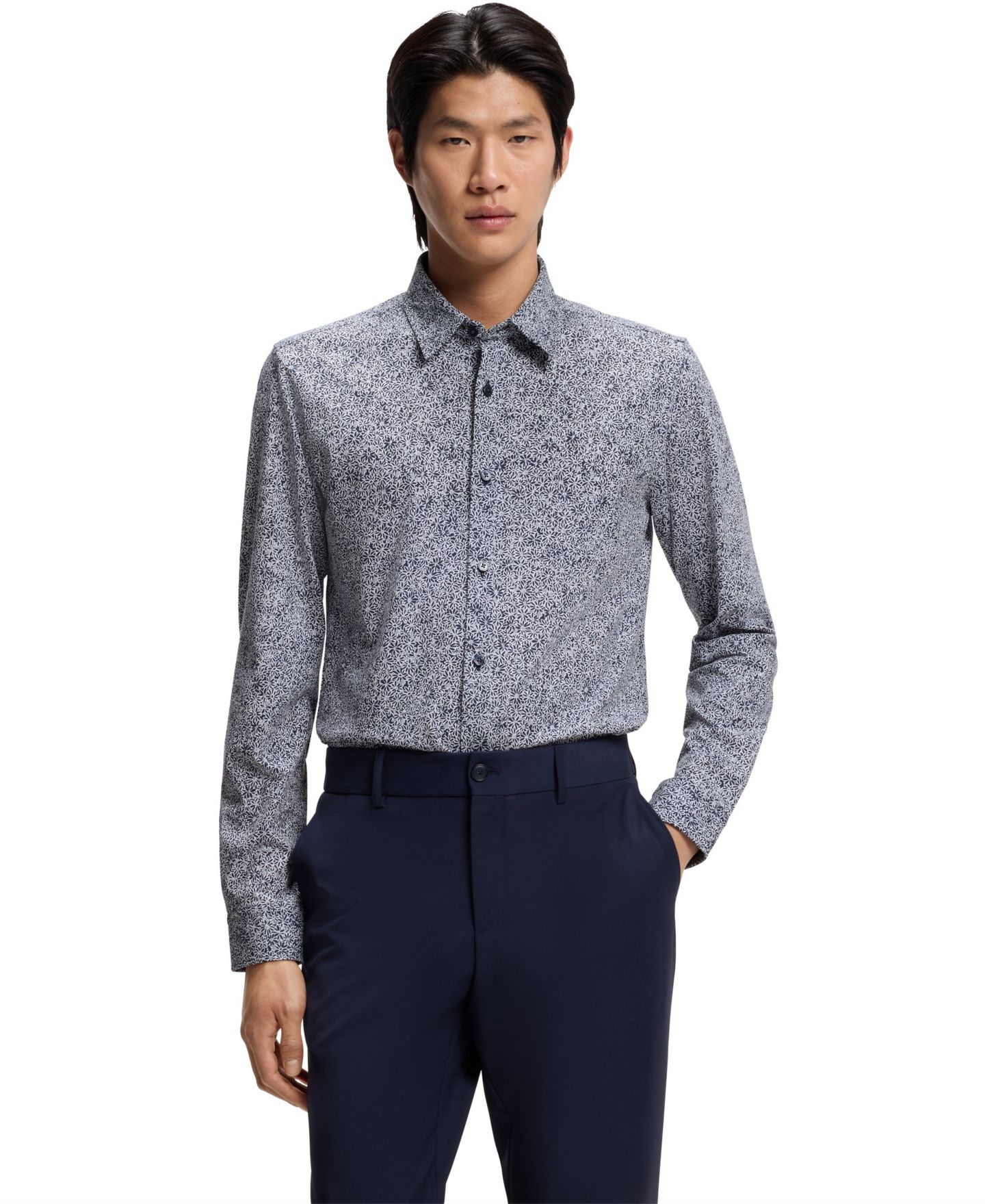 Мужская рубашка Hugo Boss Printed Cotton Blend Slim-Fit Dress Shirt, цвет: Тёмный синий — фото 1