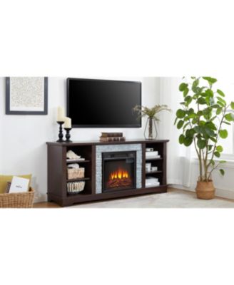 Cherry TV Stand with Stacked Stone Electric Fireplace