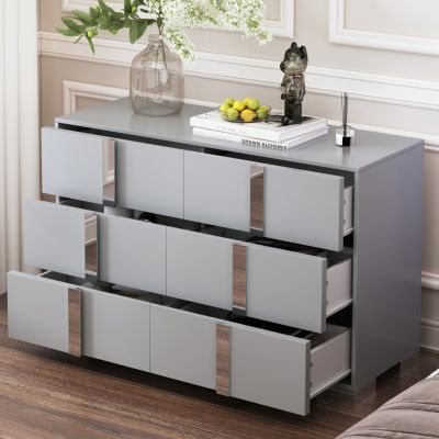Streamdale Elegant Mirrored Dresser with Metal Handle and 6 Drawers, Grey