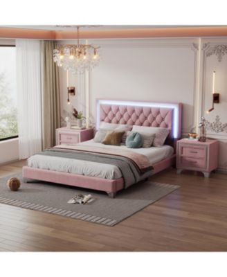 Streamdale Queen Upholstered LED Bed Set with 2 Nightstands