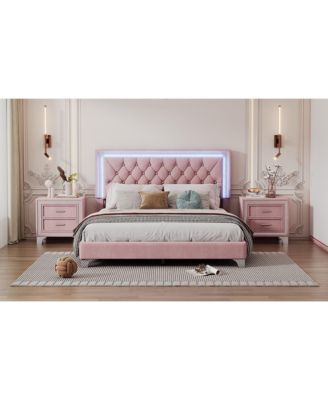 Streamdale Queen Upholstered LED Bed Set with 2 Nightstands