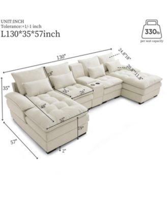 130" U-Shaped Sofa with Console Cupholders Sleeper & Chaise (Beige)