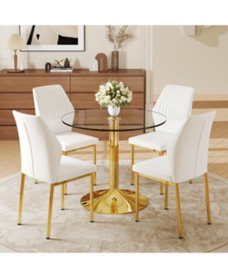 35" Glass Round Dining Set - Gold Base & 4 White PU Chairs