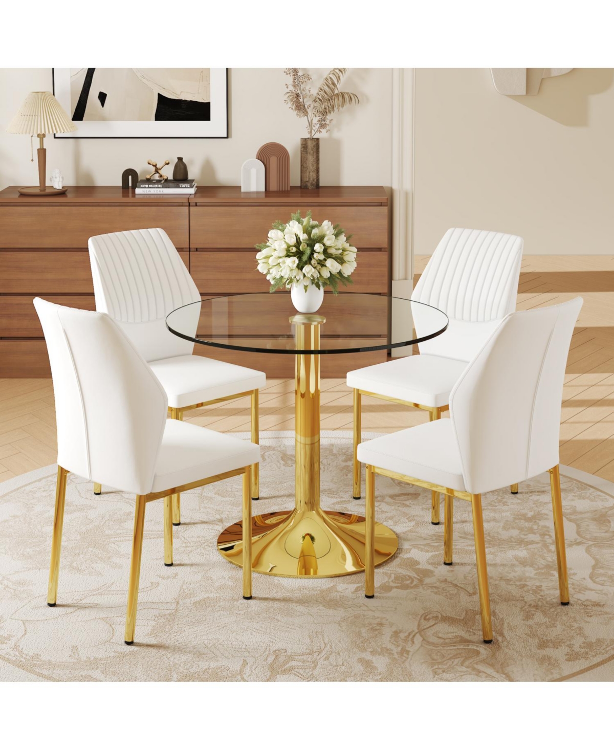 Streamdale Furniture 35" Glass Round Dining Set - Gold Base & 4 White Pu Chairs