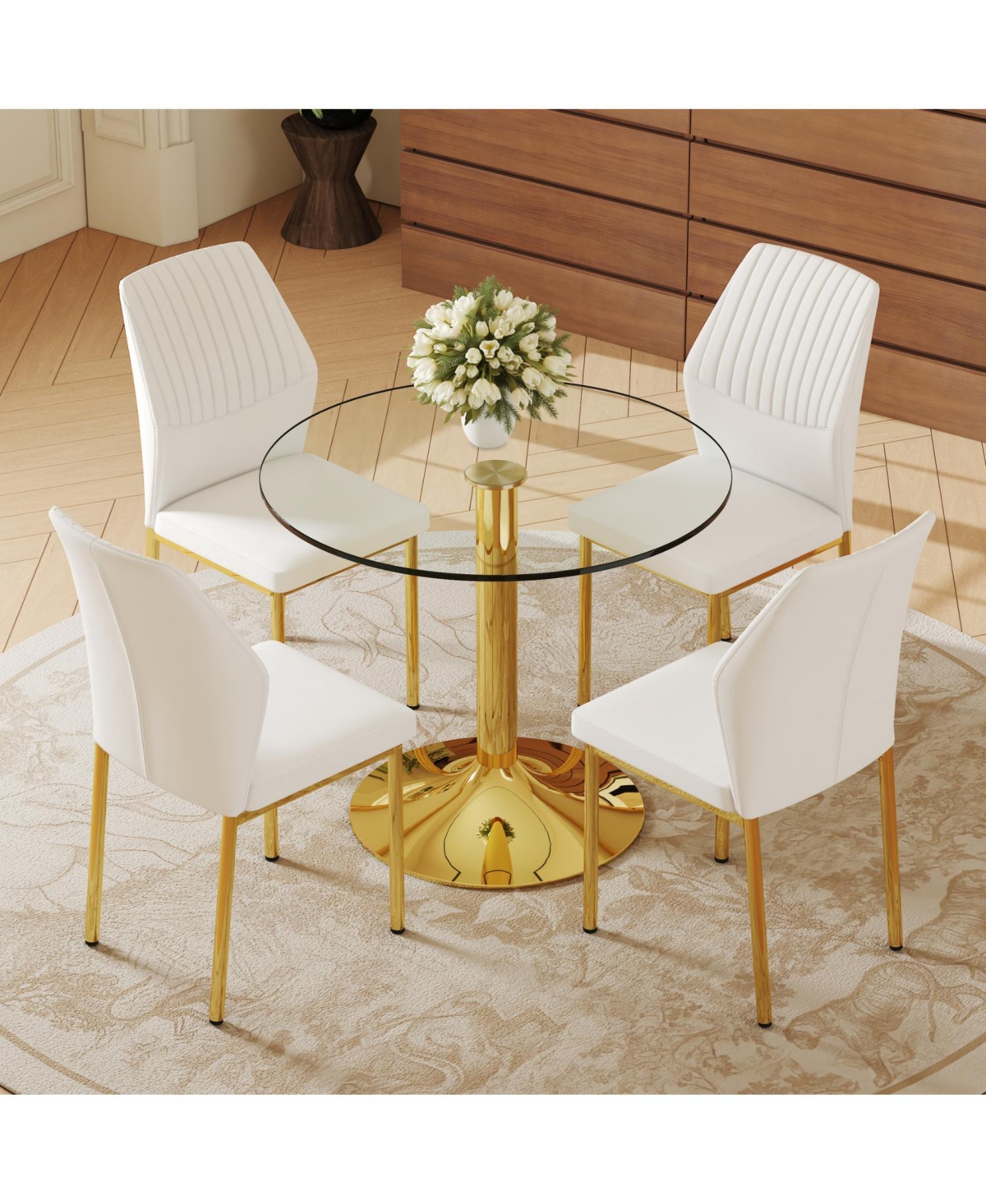Streamdale Furniture 35" Glass Round Dining Set - Gold Base & 4 White Pu Chairs