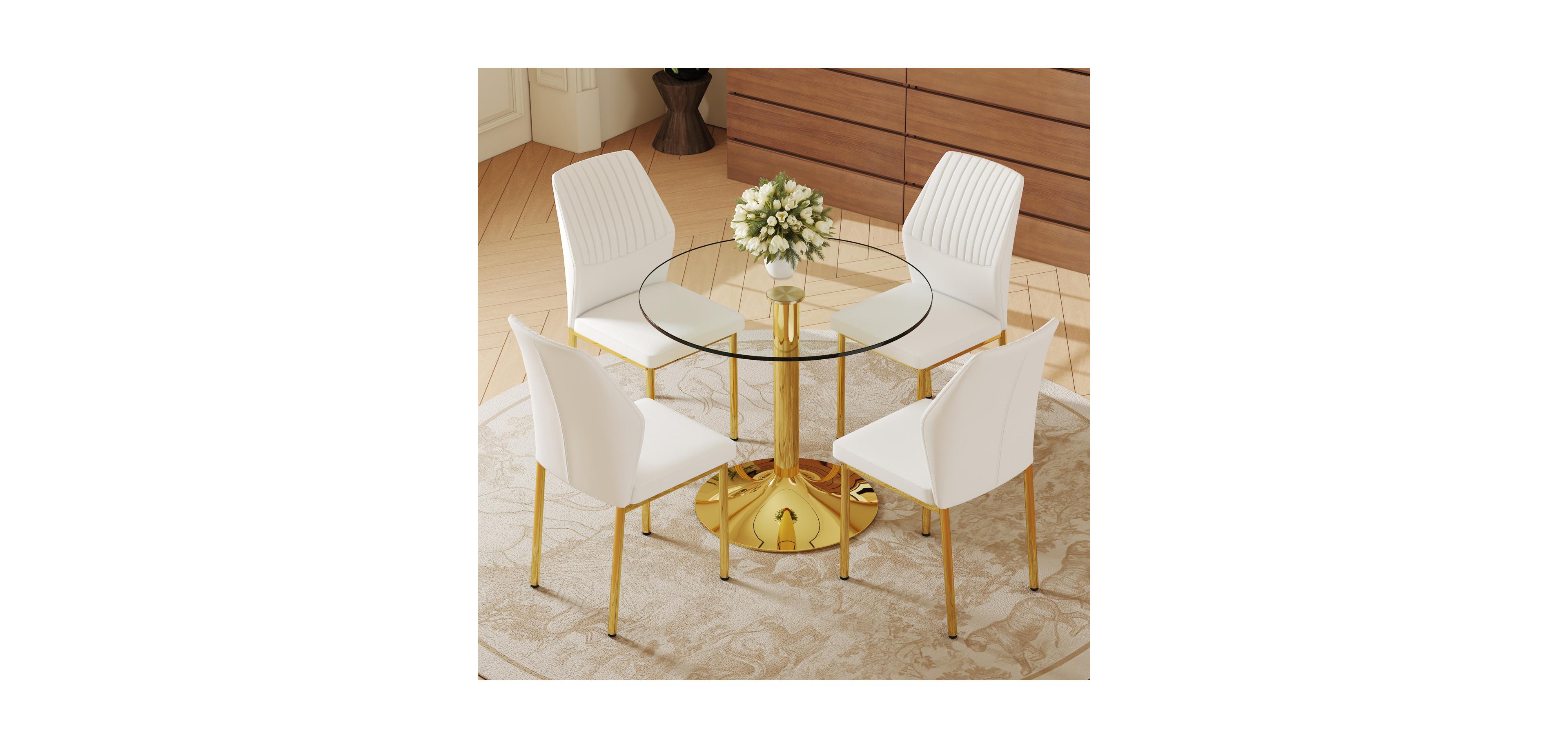 Streamdale Furniture 35" Glass Round Dining Set - Gold Base & 4 White Pu Chairs