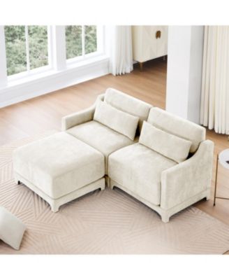 Chenille 2-Seater Sofa with Ottoman & Pillows - Beige