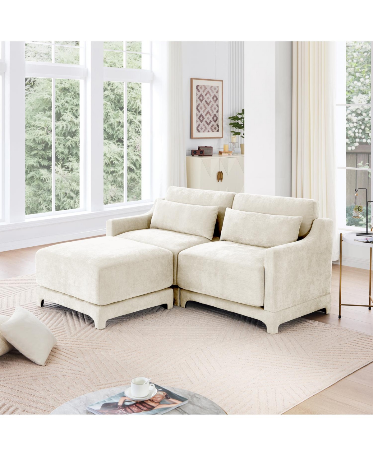 Streamdale Furniture Chenille 2-Seater Sofa with Ottoman & Pillows - Beige