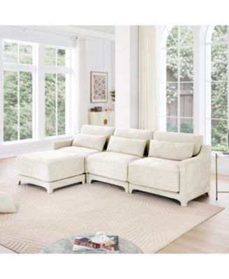 Chenille 3-Seater Sofa w/ Ottomans - Beige